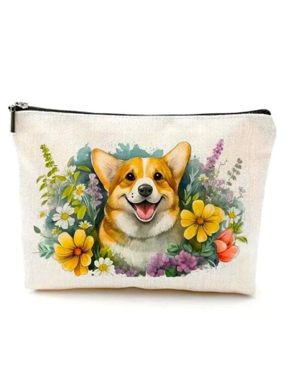 Cosmetic Bag Makeup Corgi Dog Flowers Clutch Pouch Travel Storage Colorful Fun